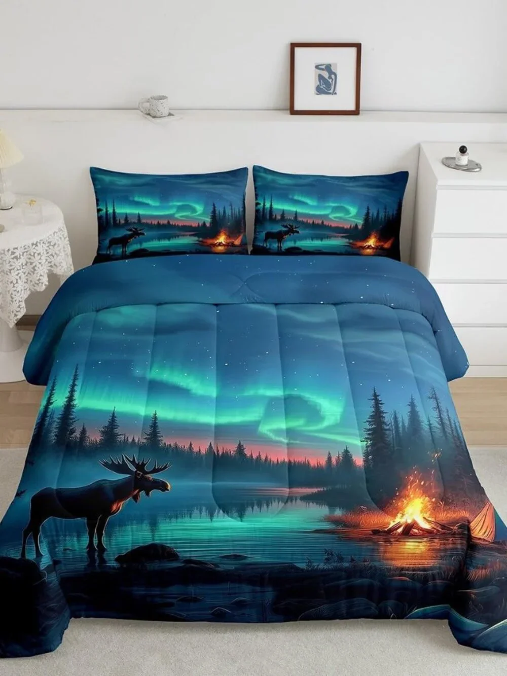 Aurora Moose Bedding Set Queen,Rustic Country Cabin Comforter Set for Kids Adult